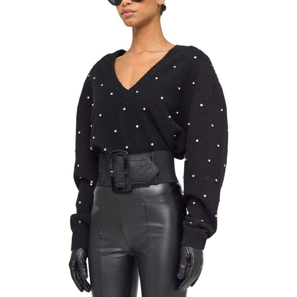 Ronny Kobo Womens  Wool-Blend Corin Crystal Knit V-Neck Top